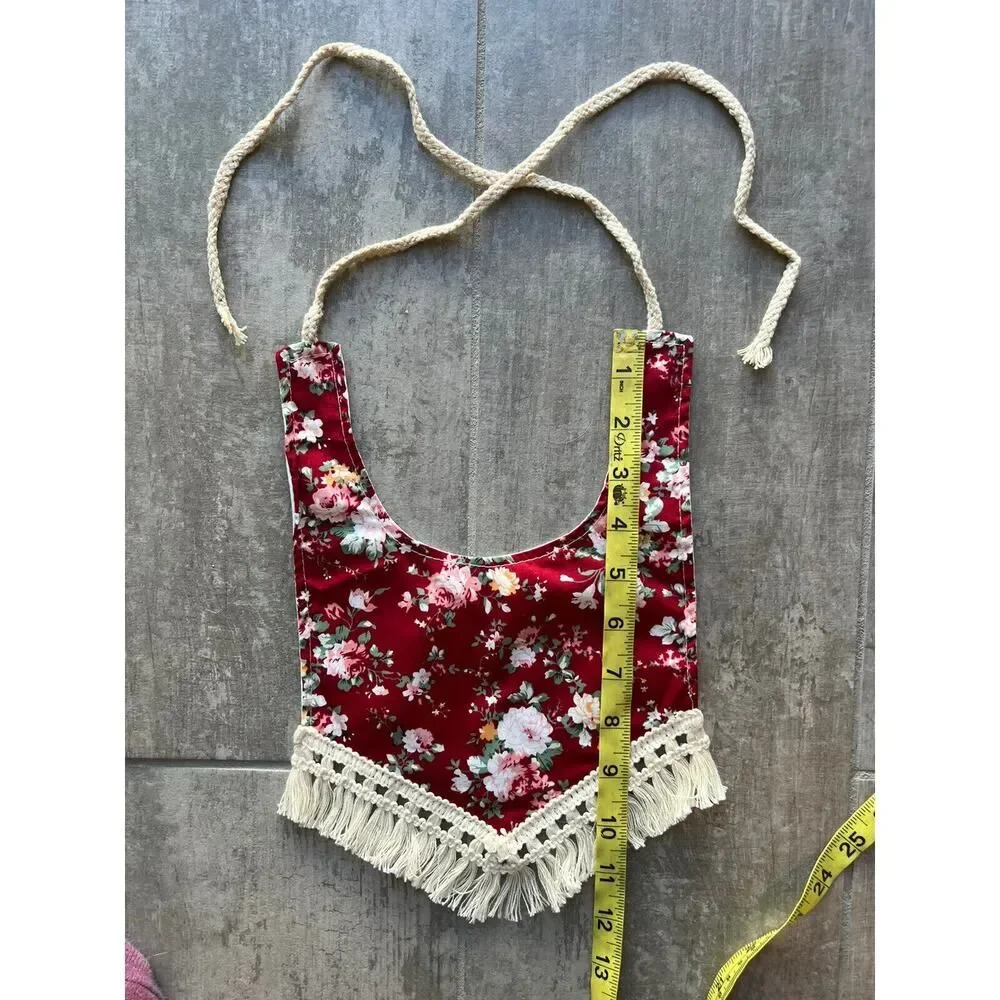 Los Angeles Boutique Baby Bib Boho Girl Drool Bandana NEW Tassel Burp Red Floral
